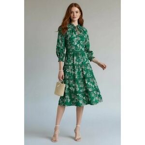 Alice+Olivia Green Floral Tiered Midi Dress Long Sleeve Tie Neck Size S